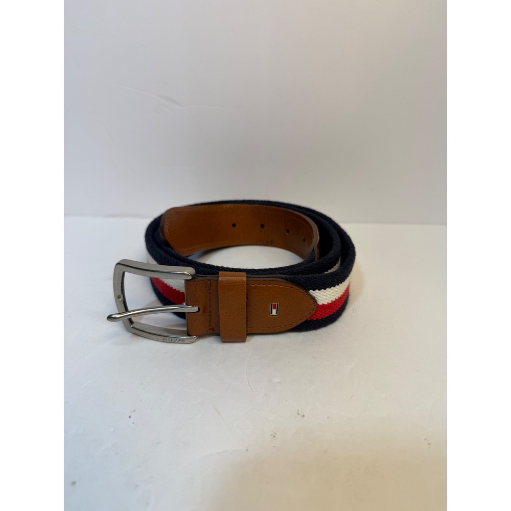 Tommy Hilfiger Mens Striped Fabric Leather Trim Belt Navy White Red Size 40/100
